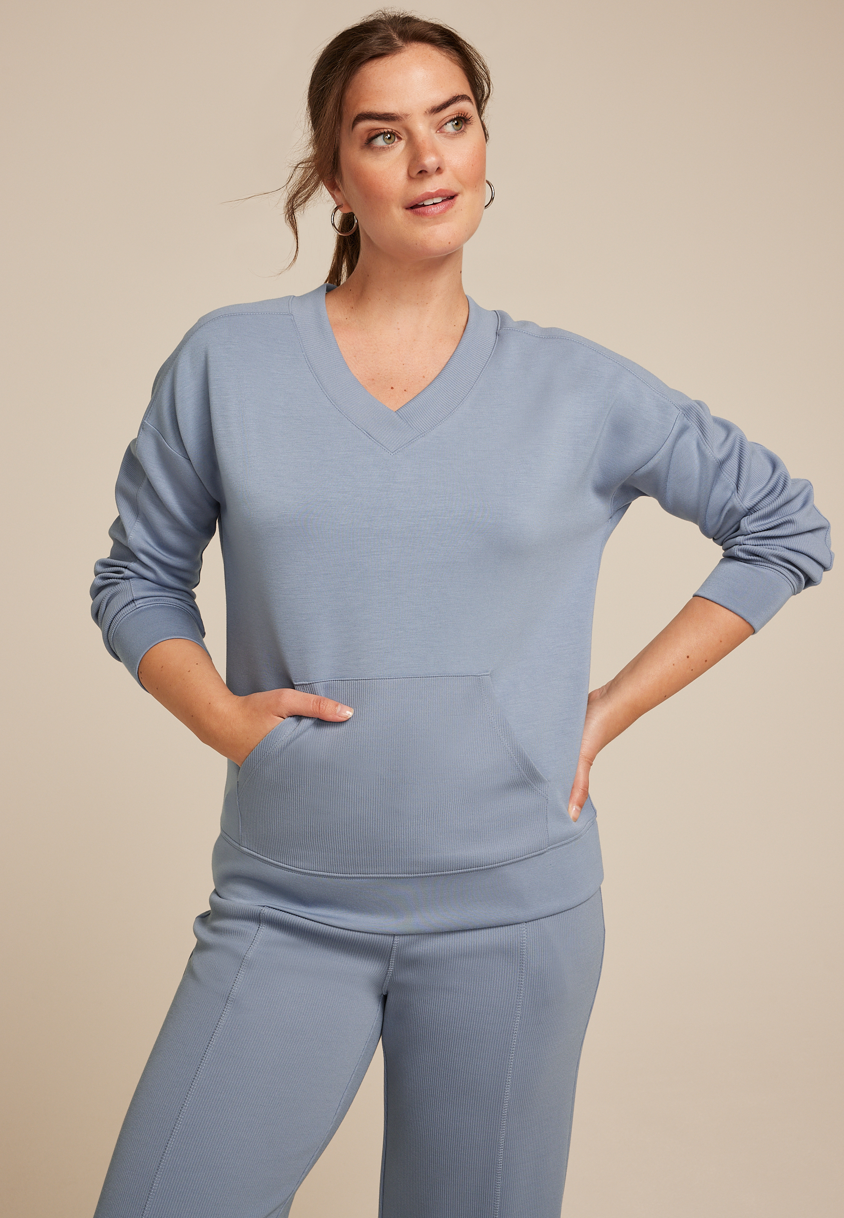 Ribbed Mixed Scuba V Neck Sweatshirt