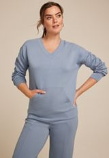 Ribbed Mixed Scuba Knit V Neck Sweatshirt, Blue Fade, small