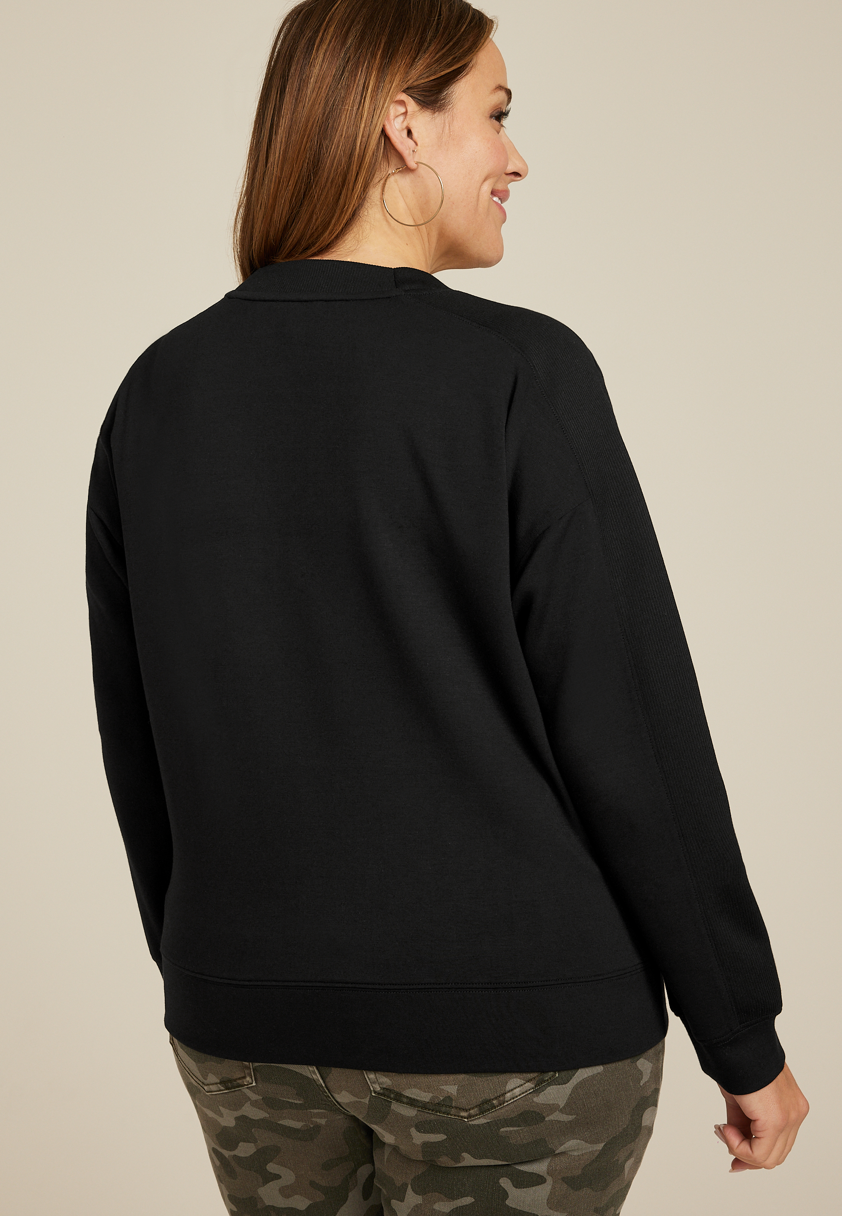 Plus Size Ribbed Mixed Scuba Knit V Neck Sweatshirt, C106, large