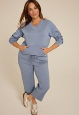 Plus Size Ribbed Mixed Scuba Knit V Neck Sweatshirt, Blue Fade, small