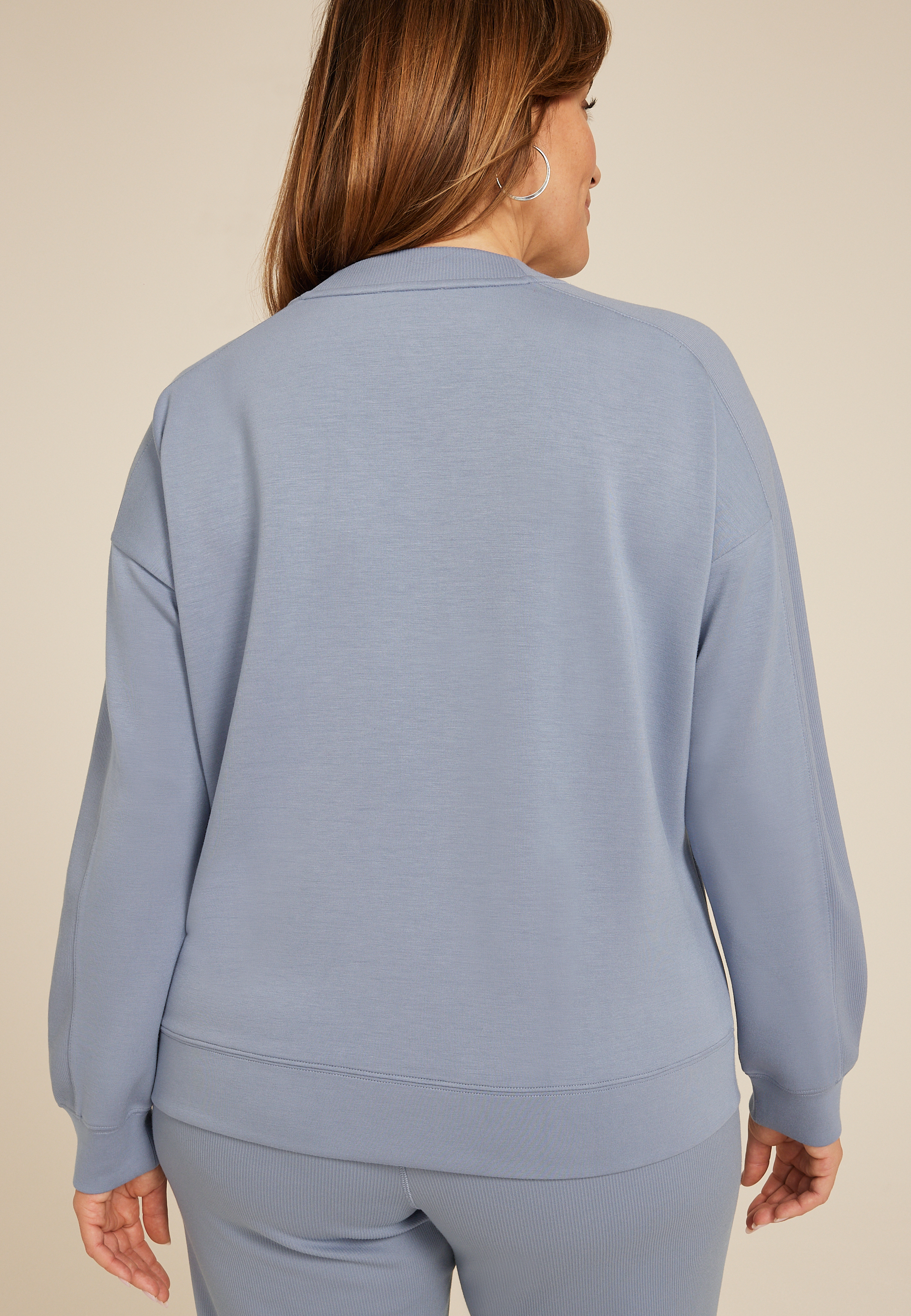 Plus Size Ribbed Mixed Scuba Knit V Neck Sweatshirt, Blue Fade, large