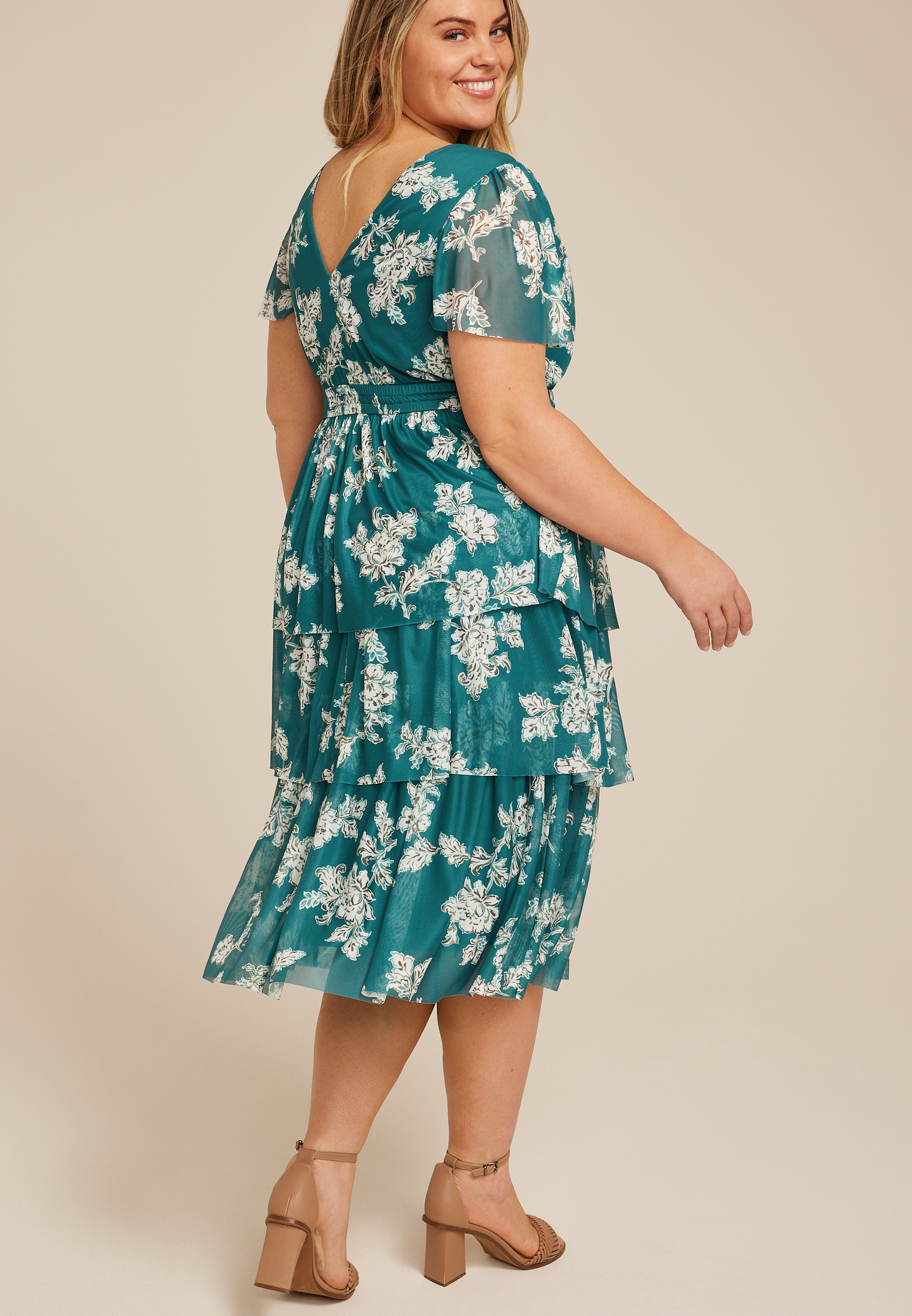 Plus Size Mesh Flutter Sleeve Midi Dress, C9887, large