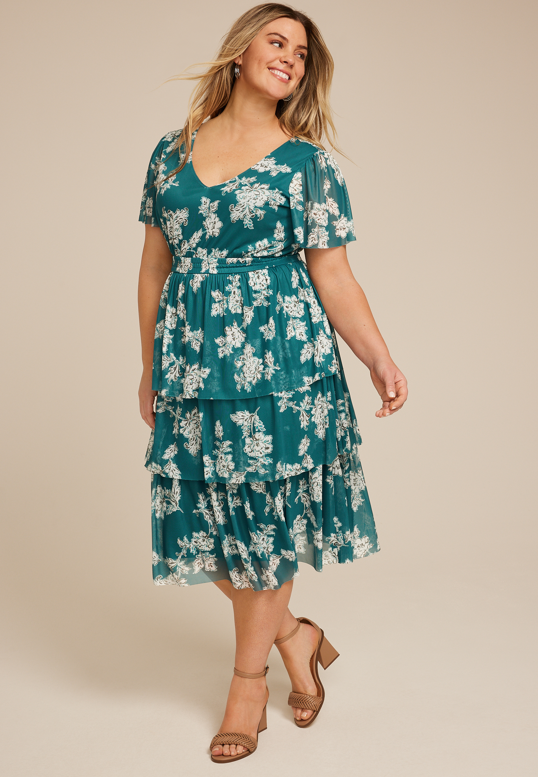 Plus Size Mesh Flutter Sleeve Midi Dress, C9887, large