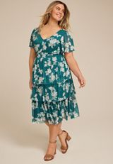 Plus Size Mesh Flutter Sleeve Midi Dress, C9887, small