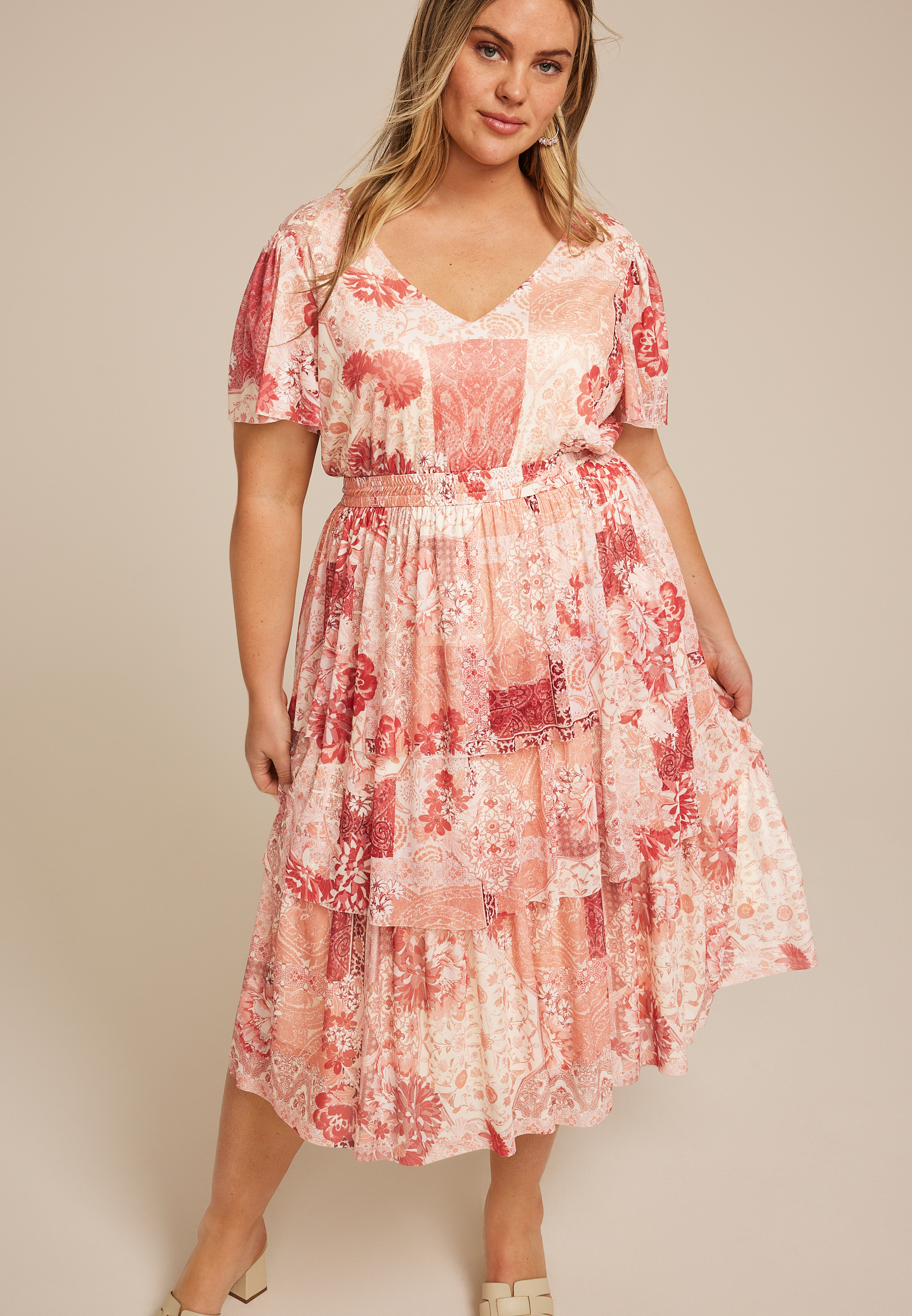 Plus Mesh Flutter Sleeve Midi Dress
