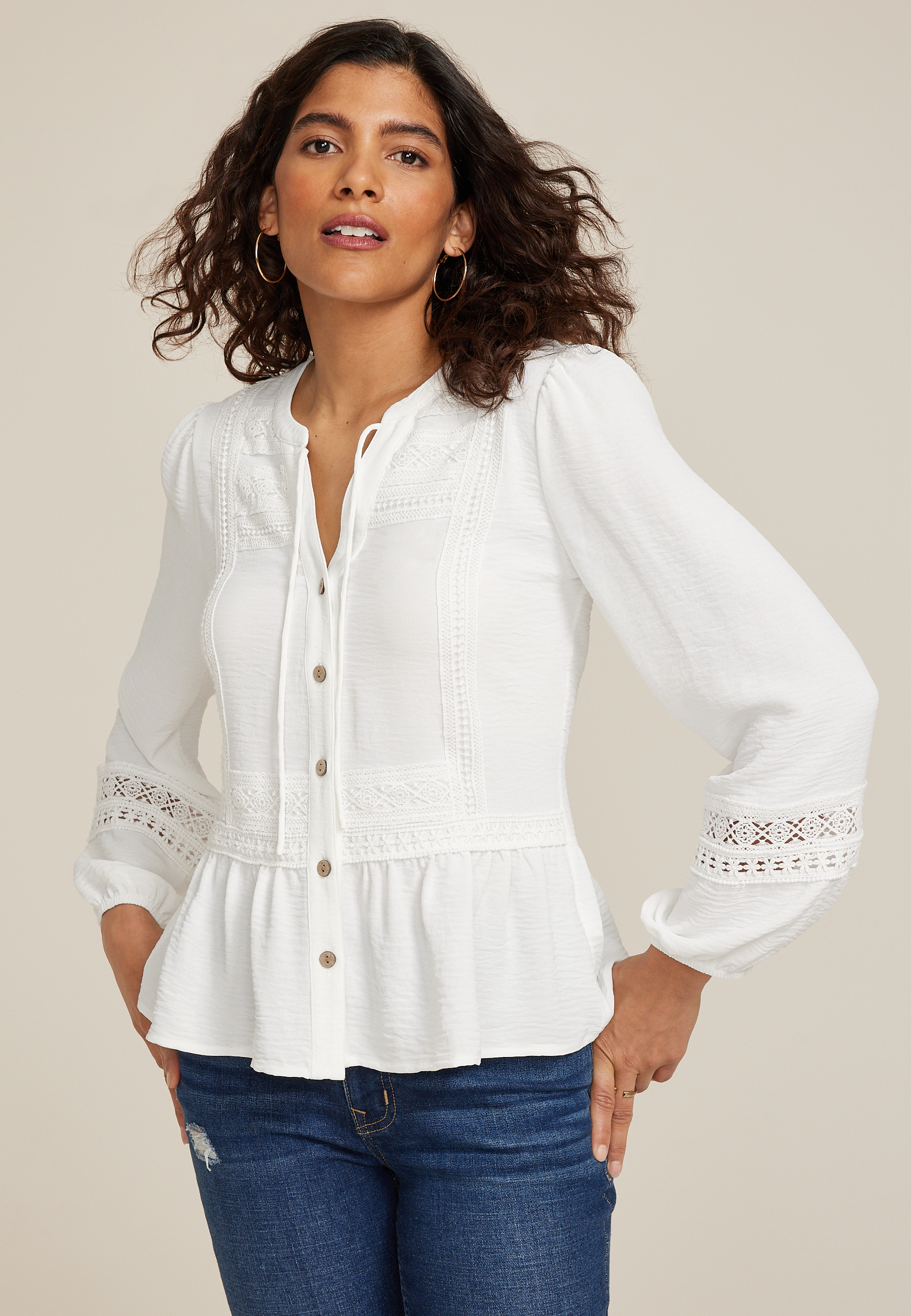 Soft White Crochet Trim Tie Front Peplum Top
