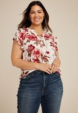 Plus Size Floral Double Flutter Short Sleeve Blouse, C3986, small