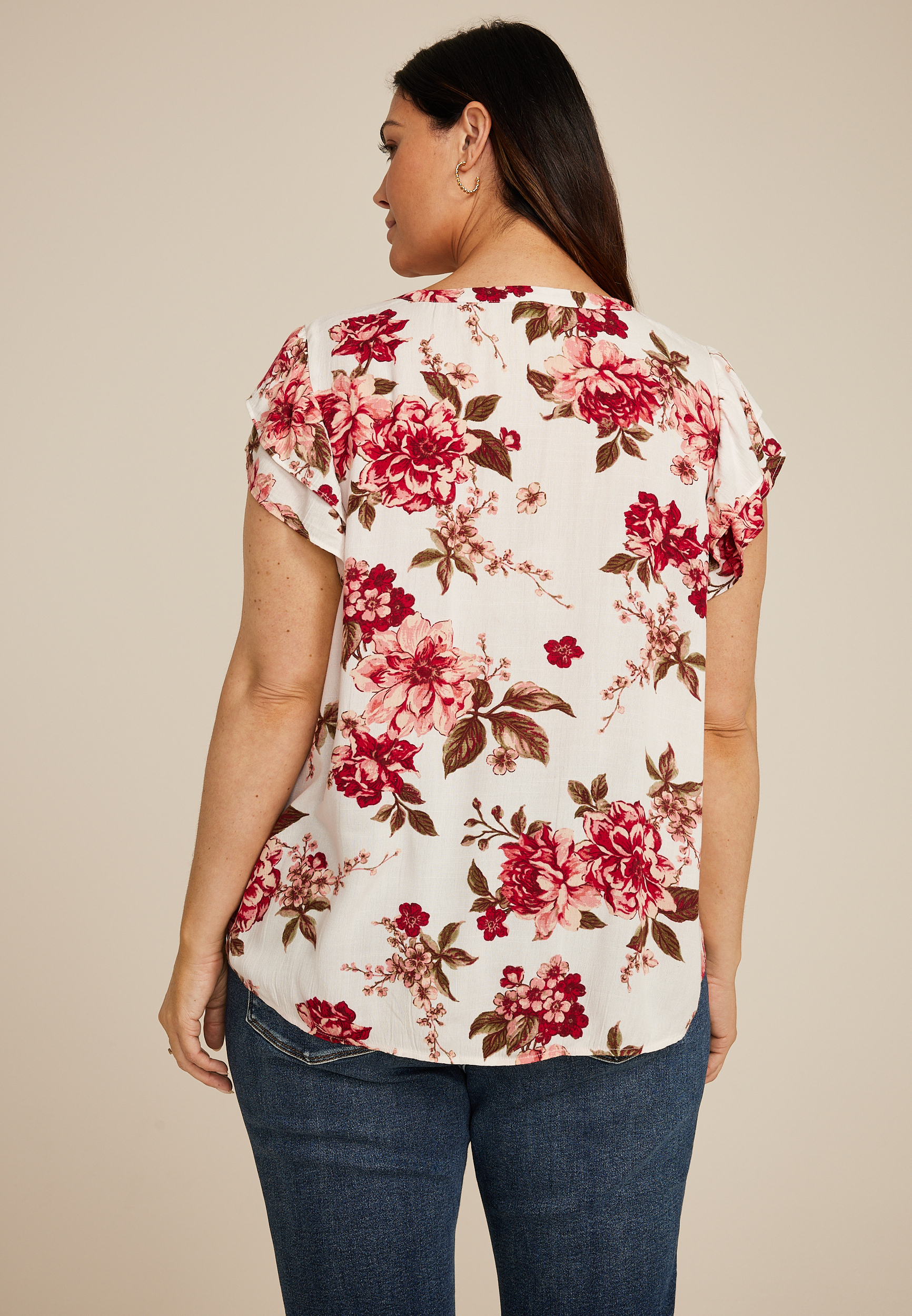 Plus Size Floral Double Flutter Short Sleeve Blouse, C3986, large