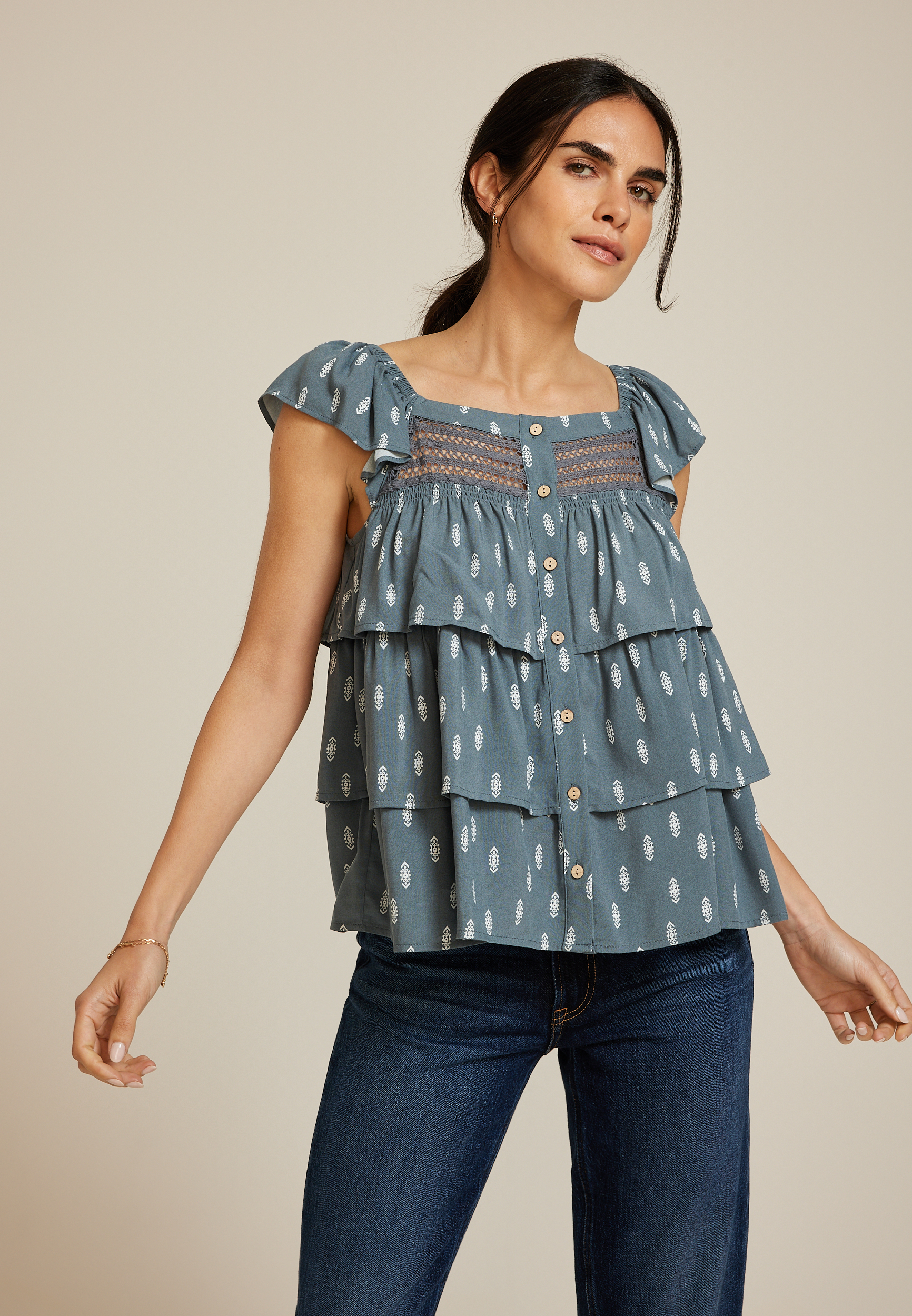 Printed Tiered Babydoll Blouse, C9875, large