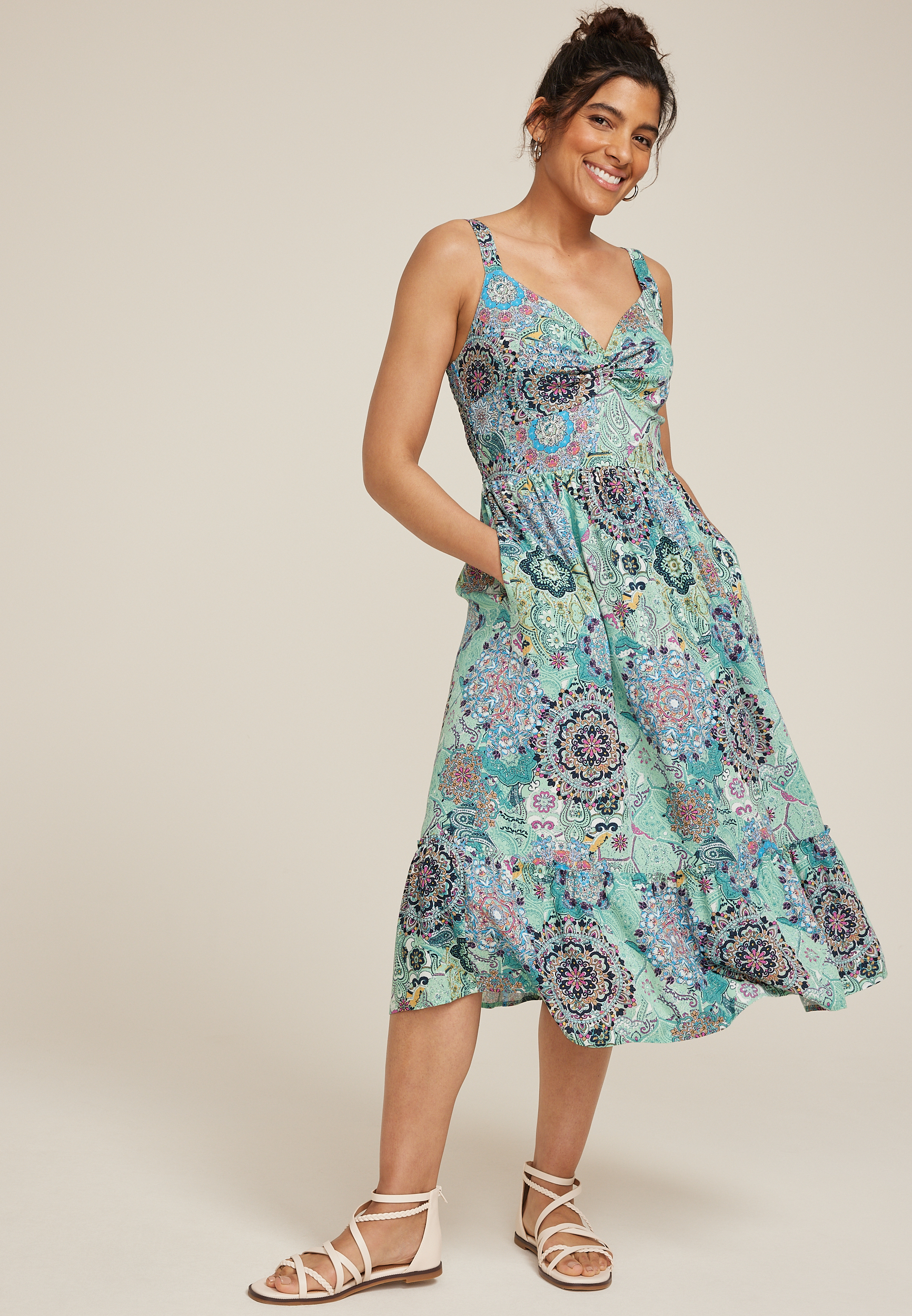 Bare Printed Tiered Midi Dress