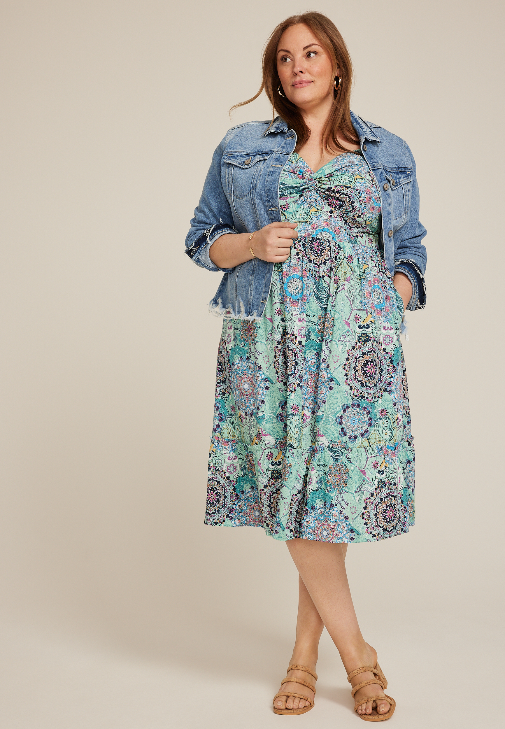 Plus Size Bare Printed Tiered Midi Dress, , large