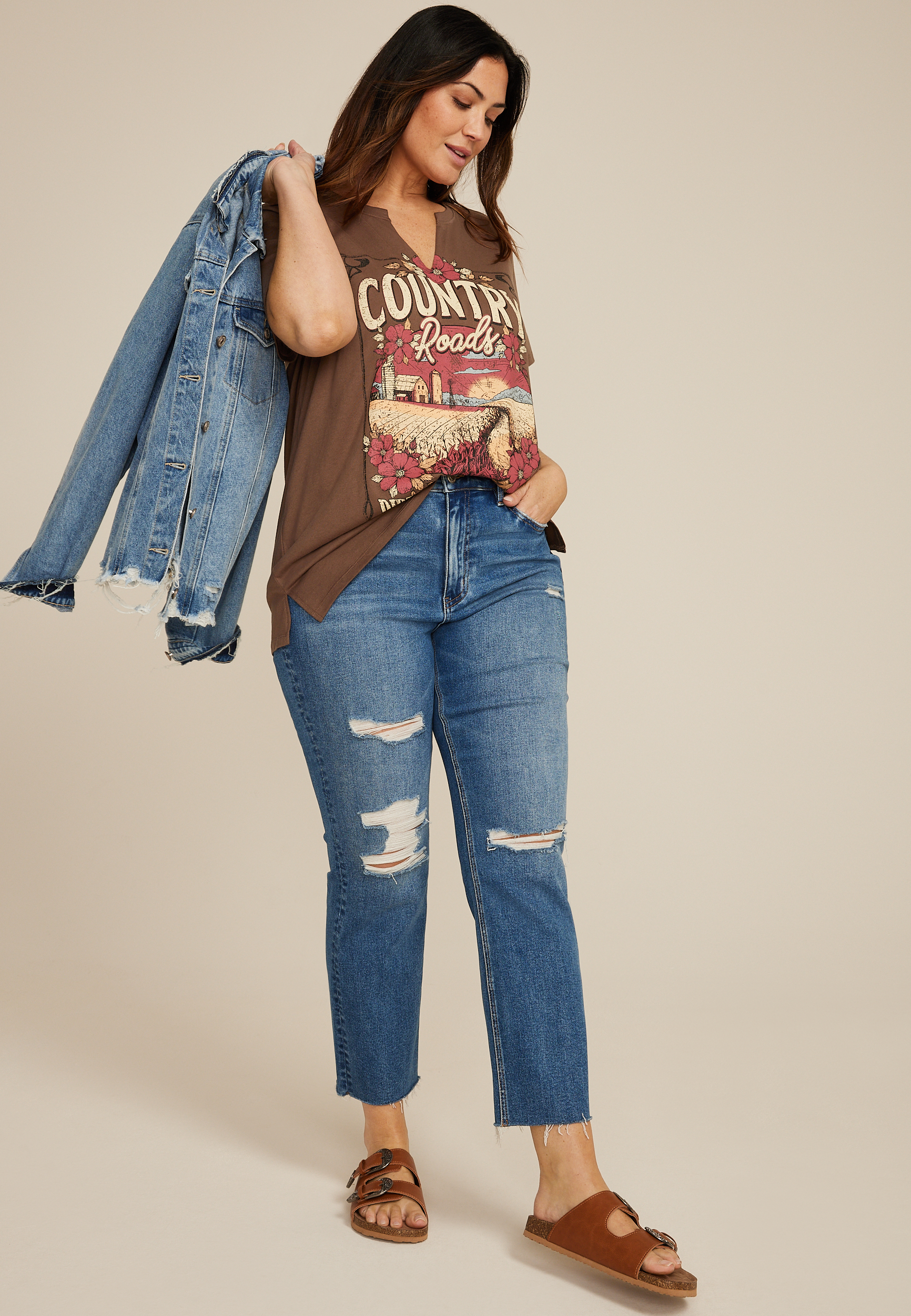 Plus Size Country Roads Classic Fit Graphic Tee, BROWN, large