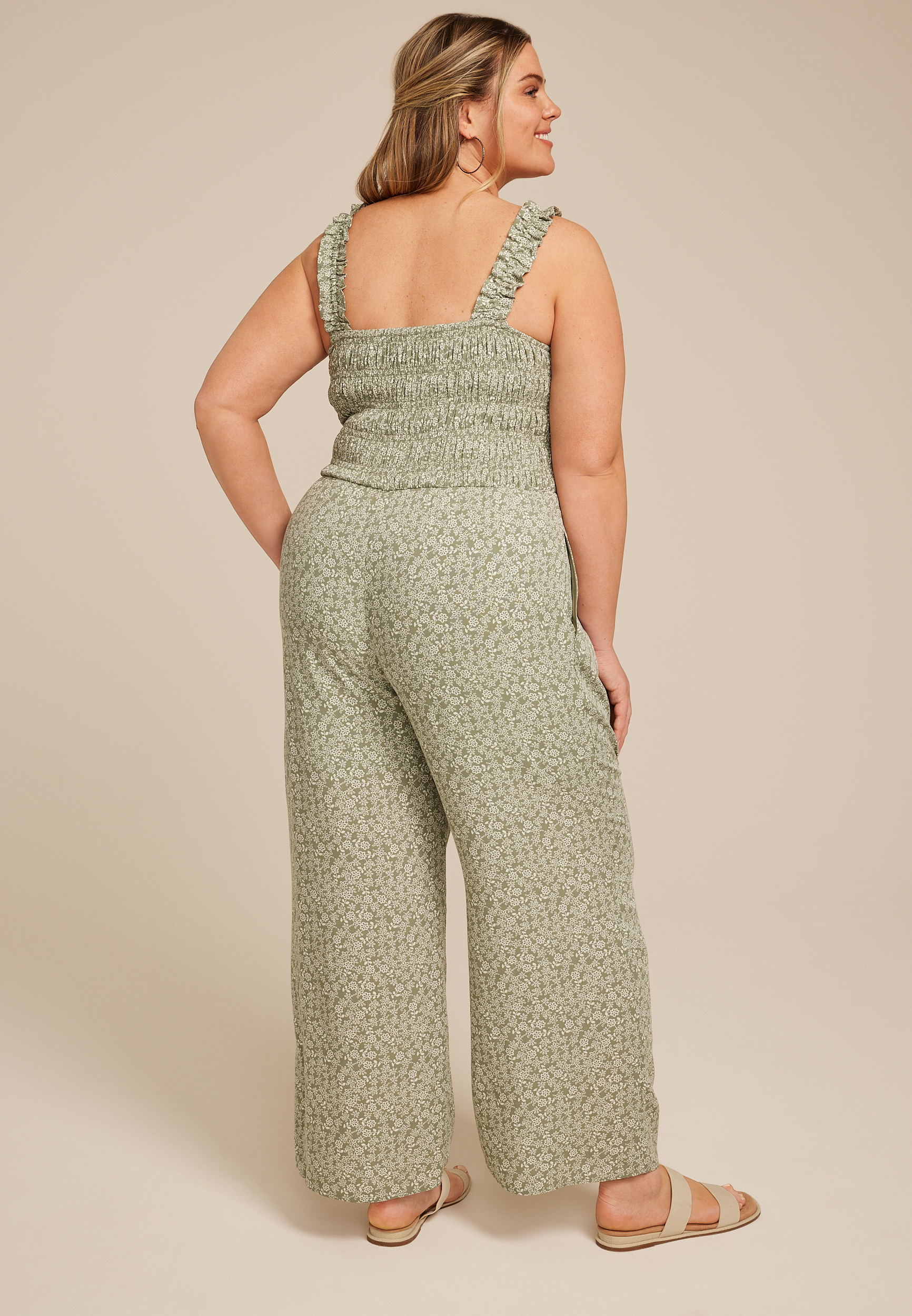 Plus Size Floral Smocked Jumpsuit, , large