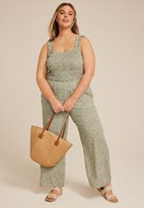 Plus Size Floral Smocked Jumpsuit, , small