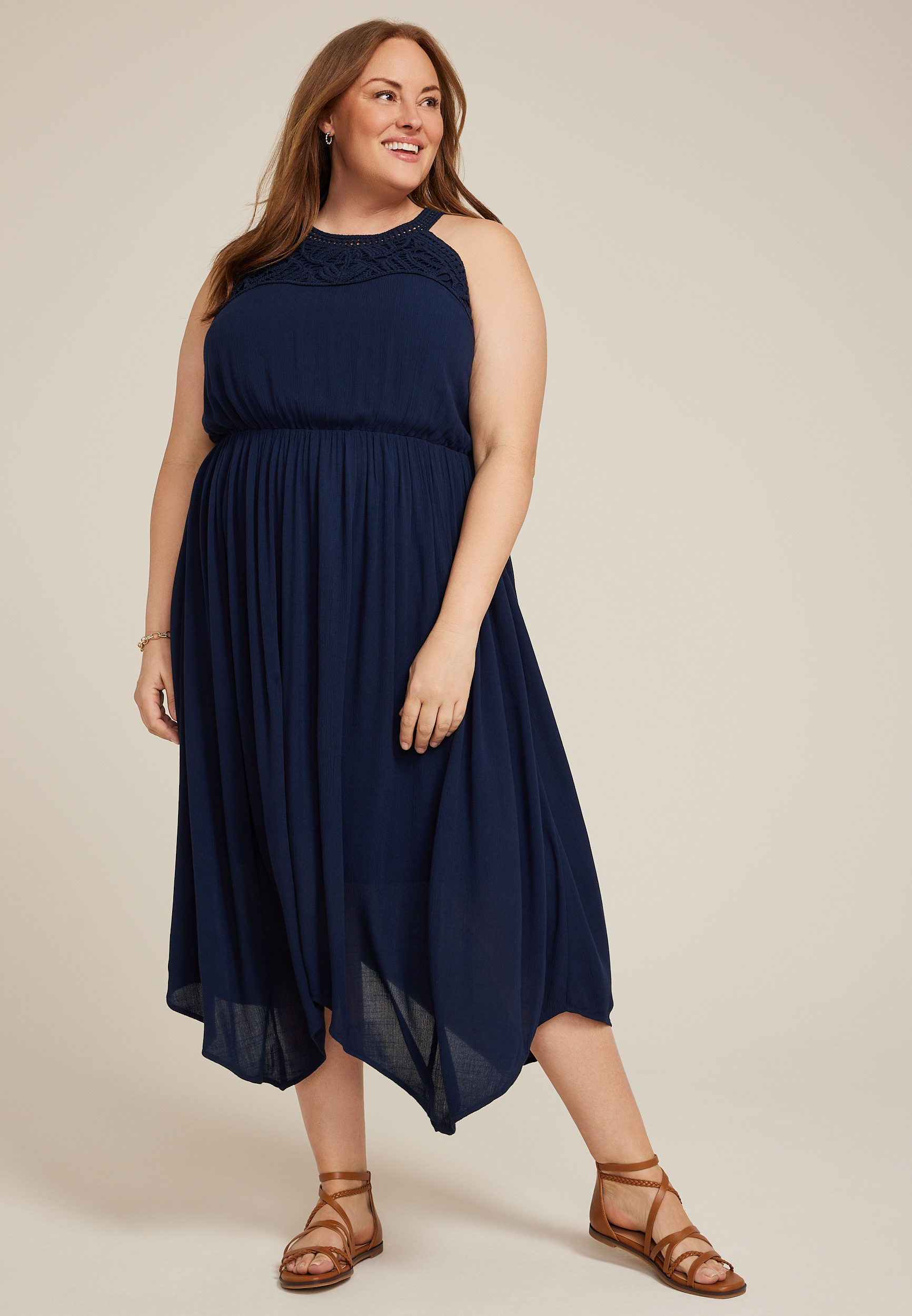 Plus Size Bare Crochet Halter Neck Midi Dress