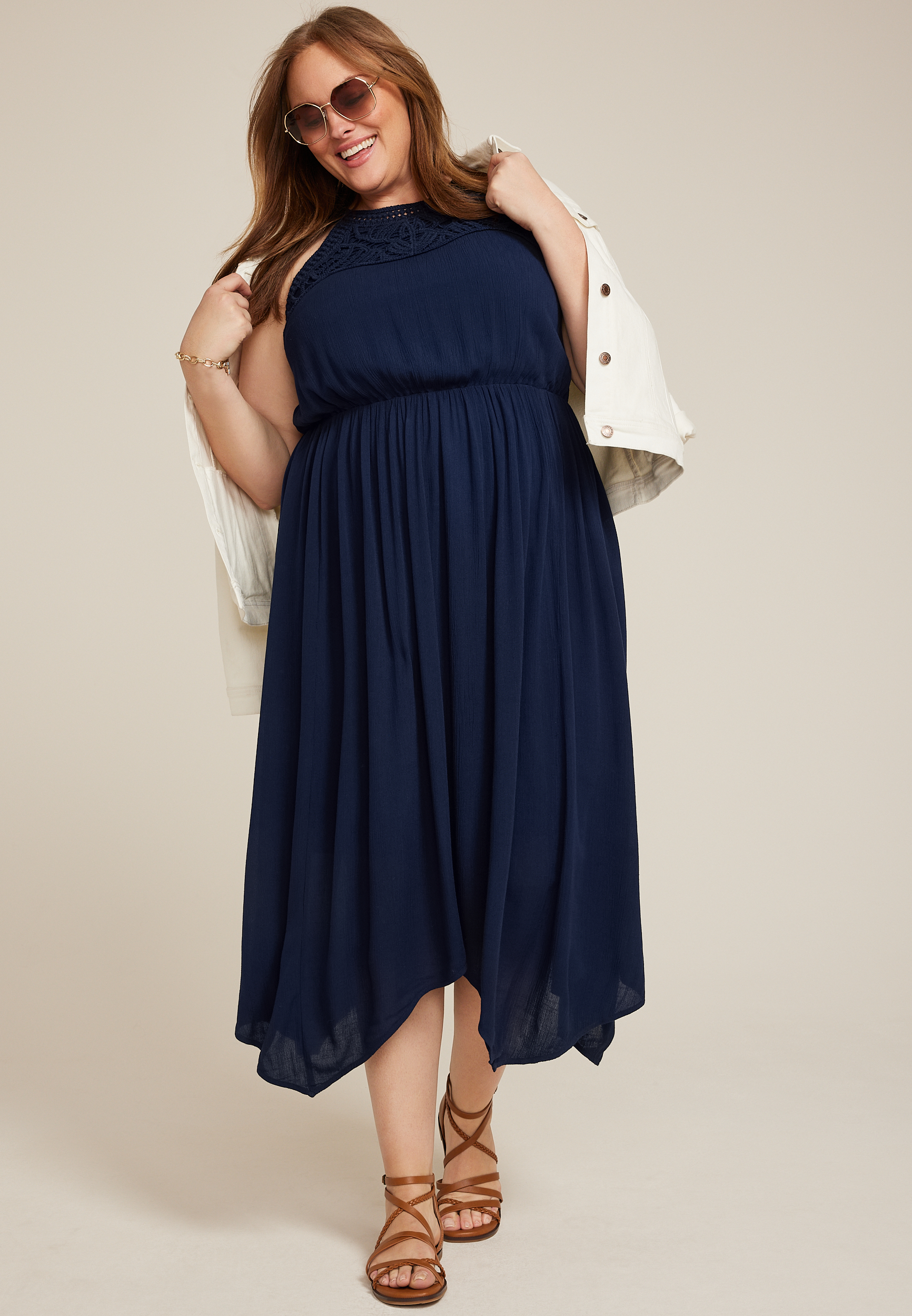 Plus Size Bare Crochet Halter Neck Midi Dress, , large