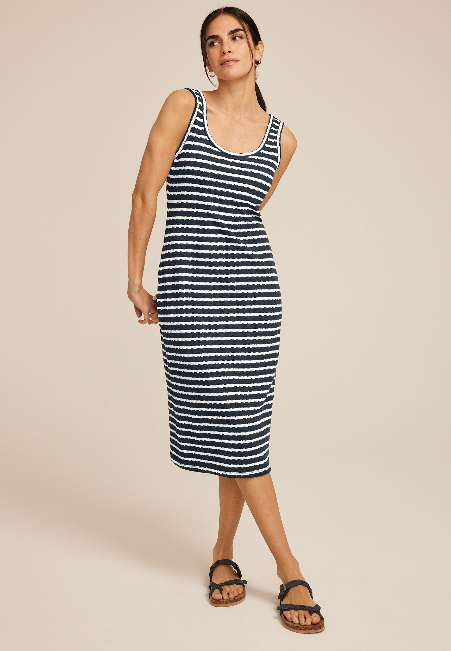 24/7 Bare Striped Textured Midi Dress