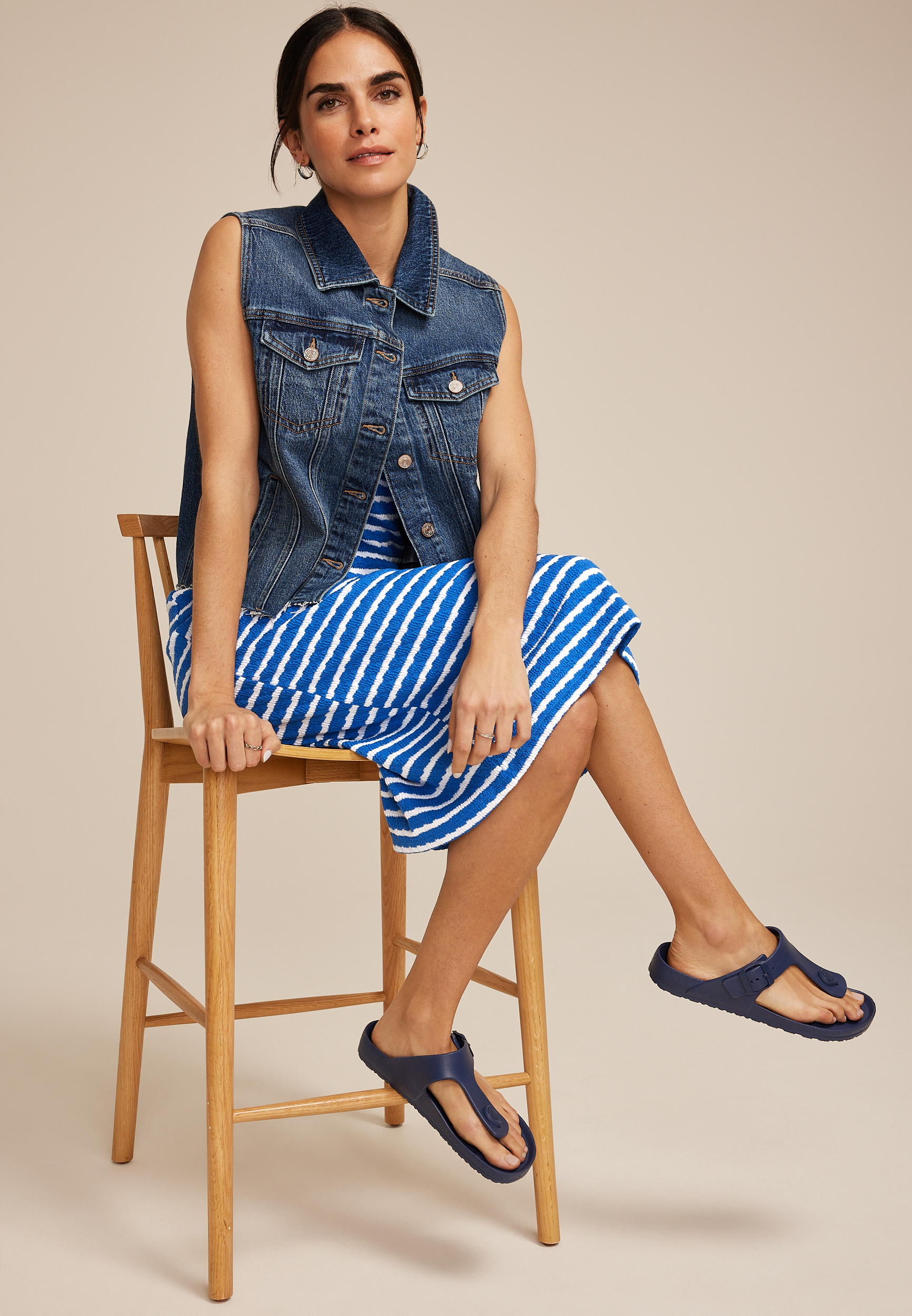 24/7 Bare Striped Textured Midi Dress, , large
