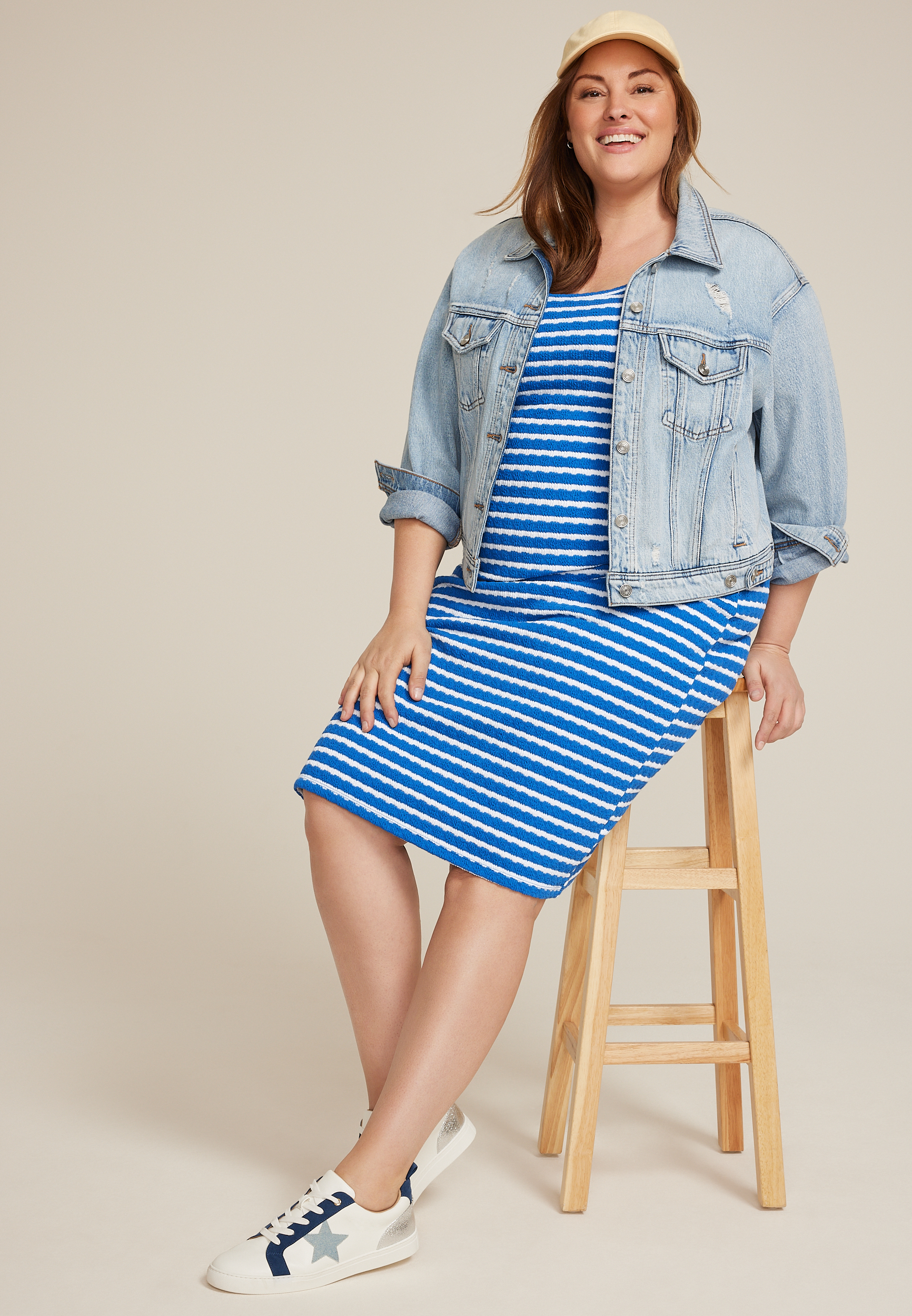 Plus Size 24/7 Bare Striped Textured Midi Dress - Main Image