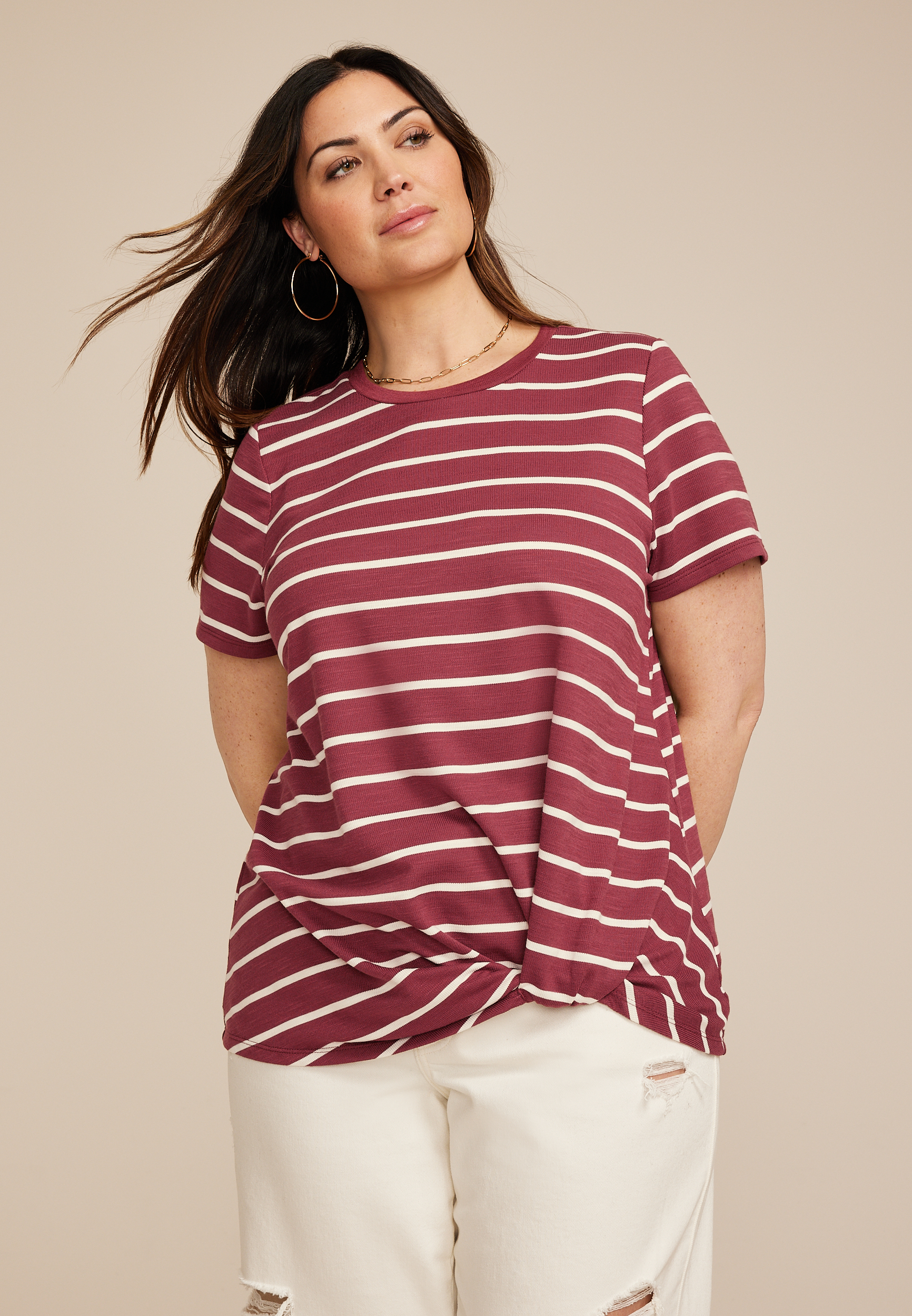 Plus Size 24/7 Austin Striped Knot Hem Tee
