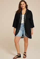 Plus Size Crochet Trim Curved Hem Kimono, , small