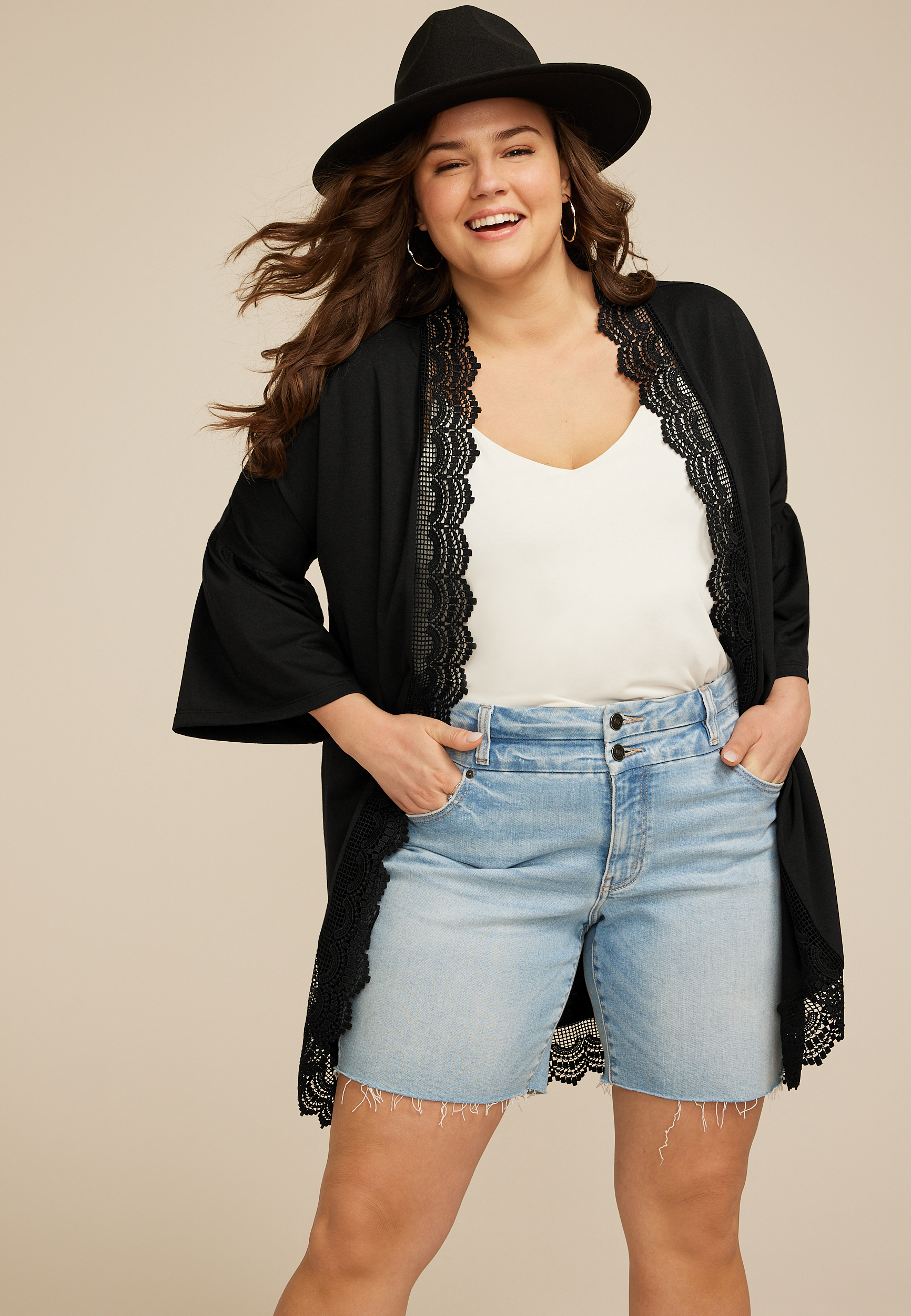 Plus Size Crochet Trim Curved Hem Kimono, , large