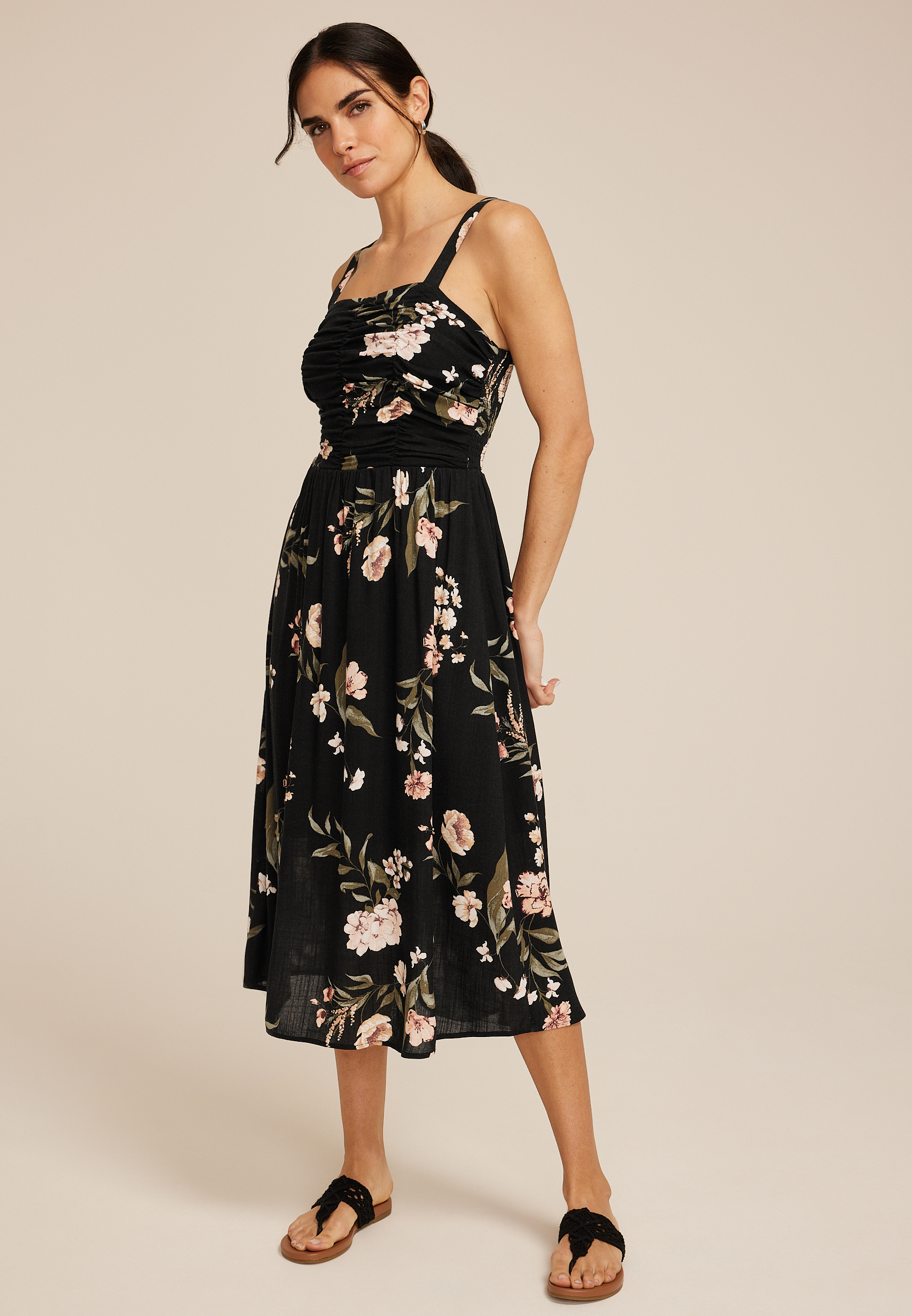 Bare Ruched Square Neck Midi Dress