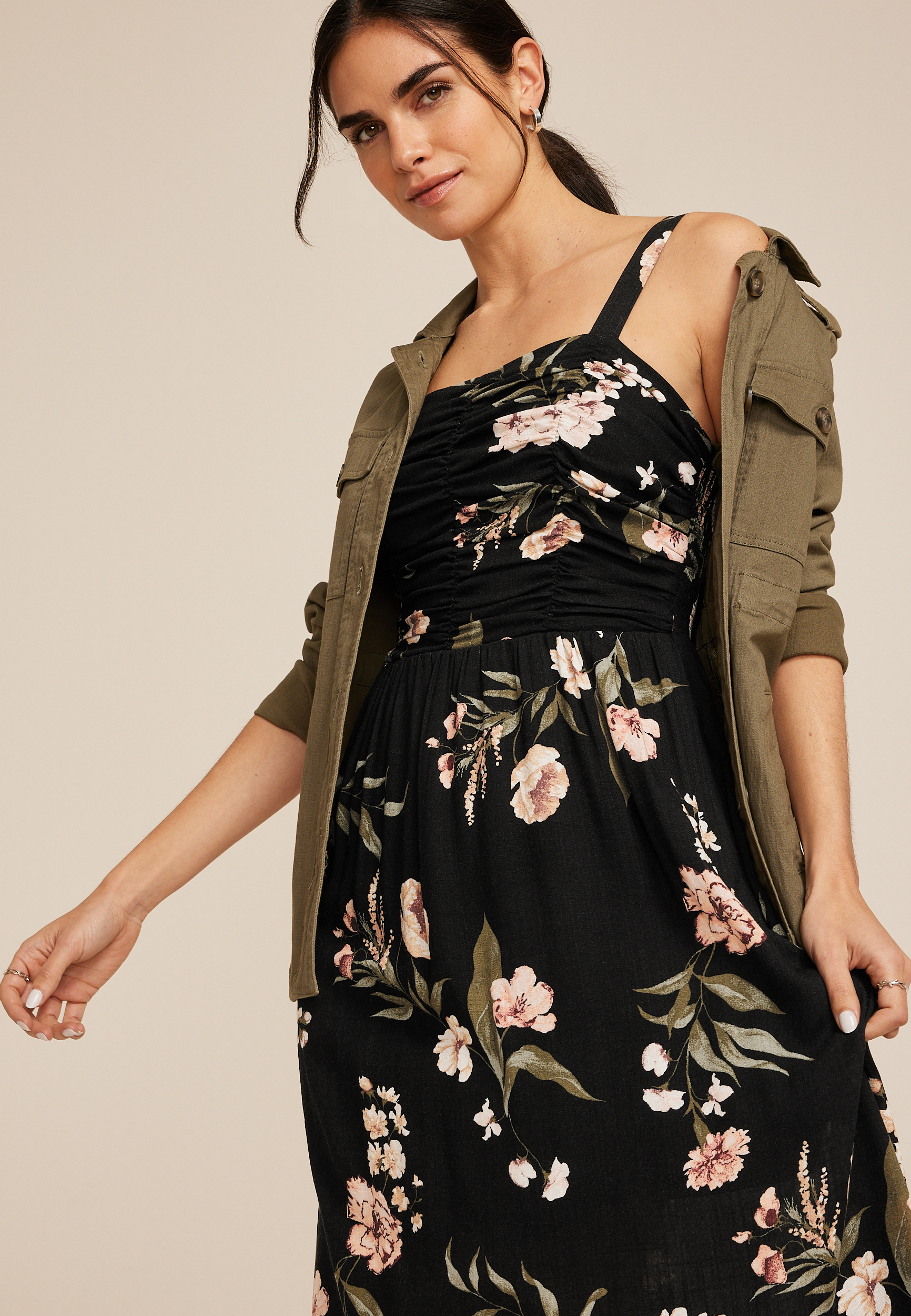 Bare Ruched Square Neck Midi Dress, , large