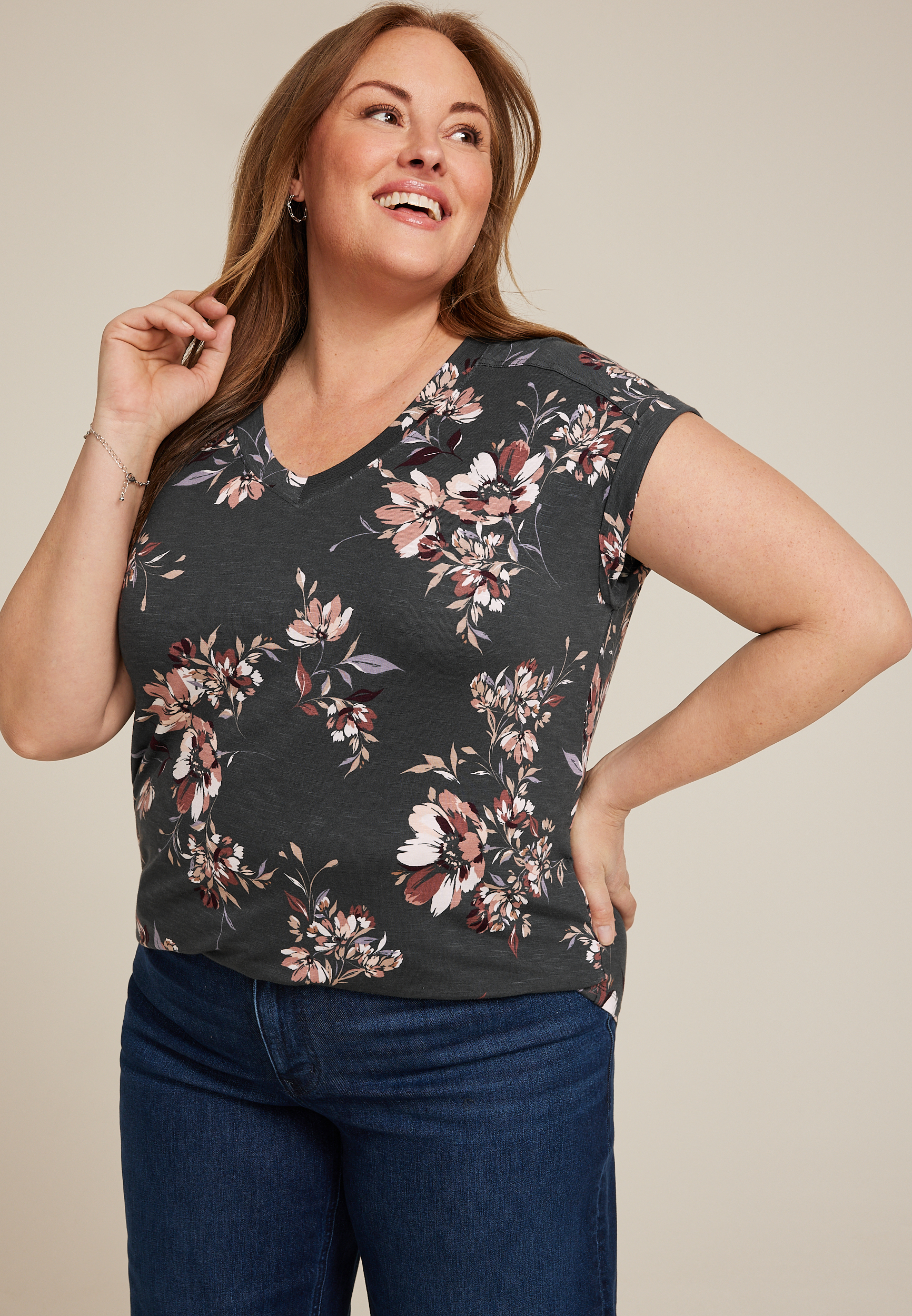 Plus Size 24/7 Berkley Floral V Neck Tee