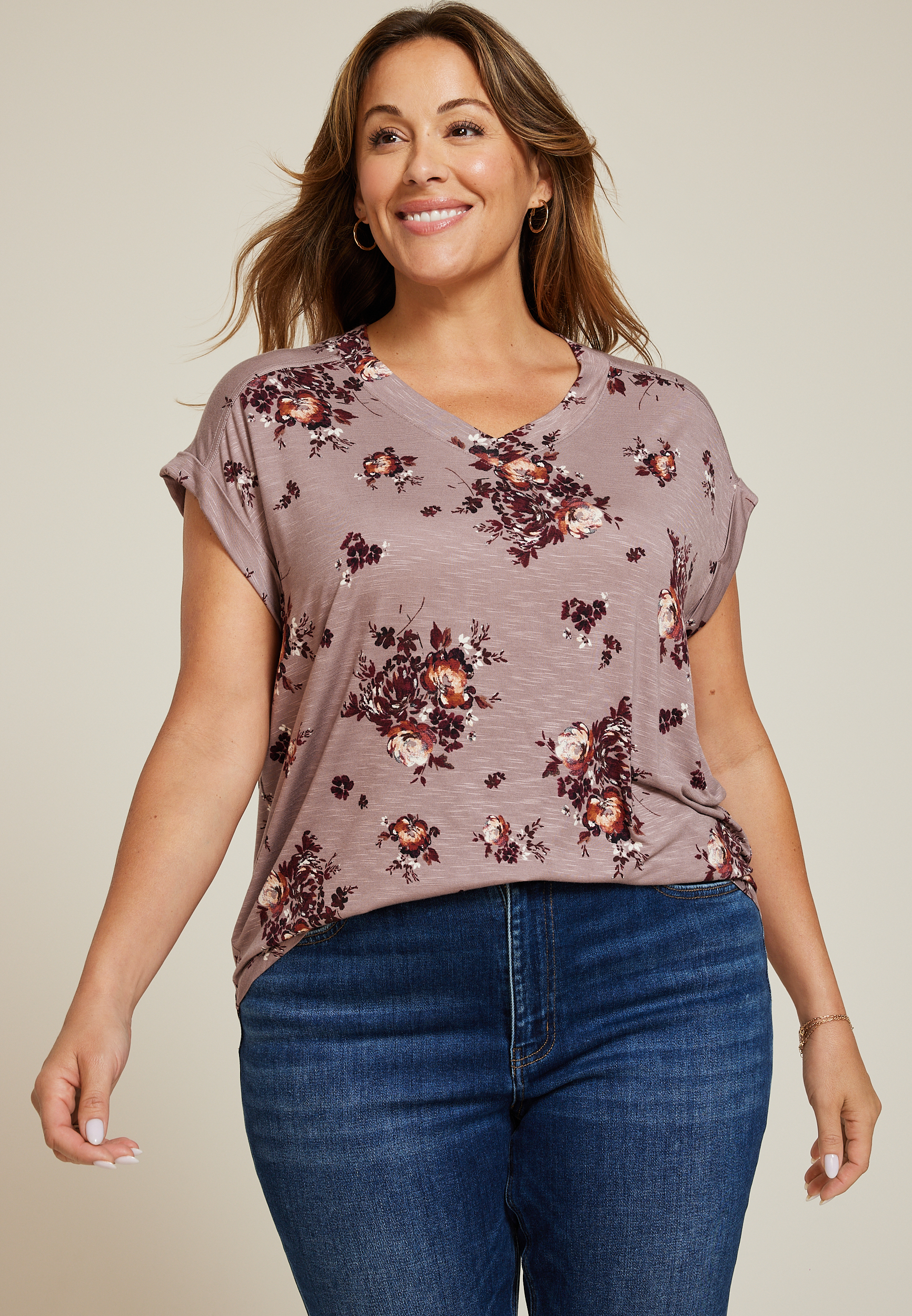 Plus Size 24/7 Berkley Floral V Neck Tee