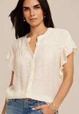 Ruffle Short Sleeve Button Down Shirt, , small