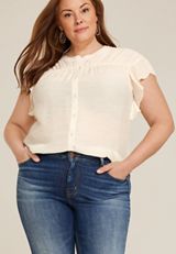 Plus Size Ruffle Short Sleeve Button Down Shirt, , small