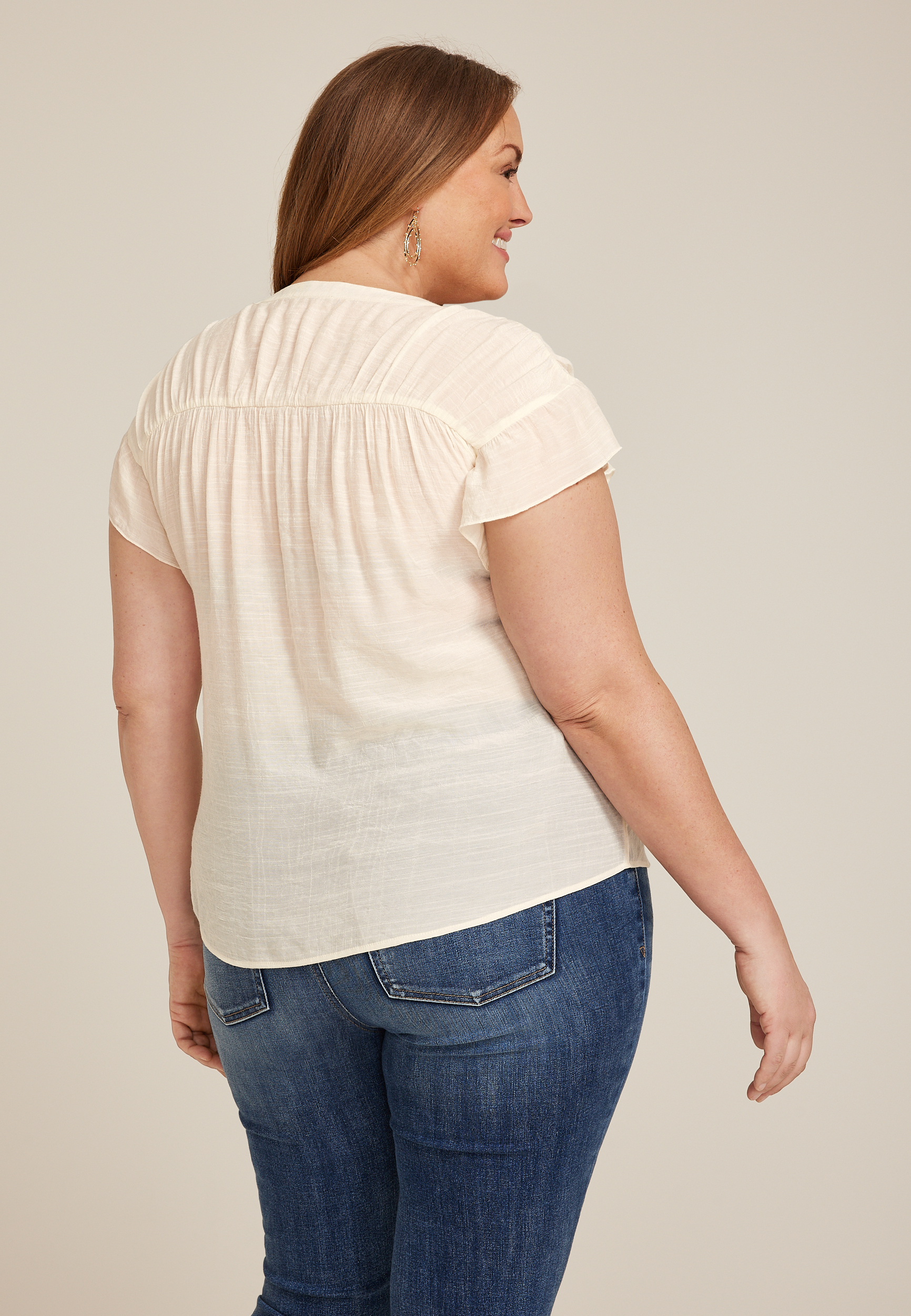 Plus Size Ruffle Short Sleeve Button Down Shirt, , large