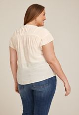 Plus Size Ruffle Short Sleeve Button Down Shirt, , small