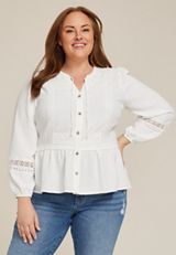 Plus Size Soft White Crochet Trim Tie Front Peplum Top, SOFT WHITE, small