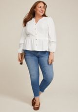 Plus Size Soft White Crochet Trim Tie Front Peplum Top, SOFT WHITE, small