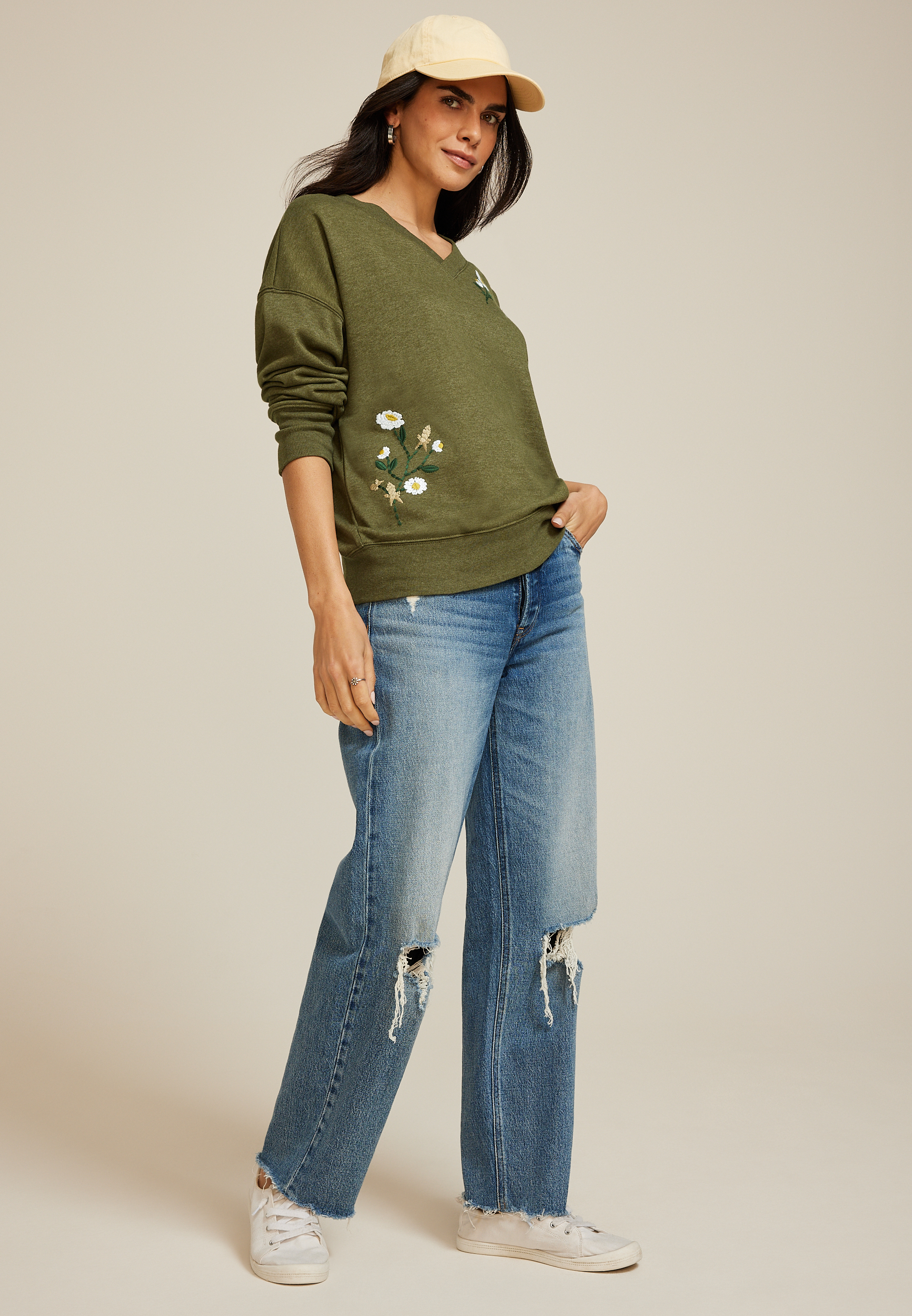 Embroidered Floral Sweatshirt, C9161, large