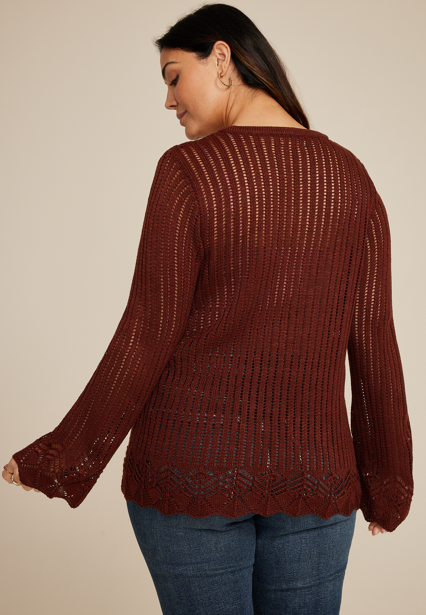 Plus Size Open Stitch Bell Sleeve Sweater, BROWN RUBY, large
