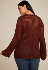 Plus Size Open Stitch Bell Sleeve Sweater, BROWN RUBY, small