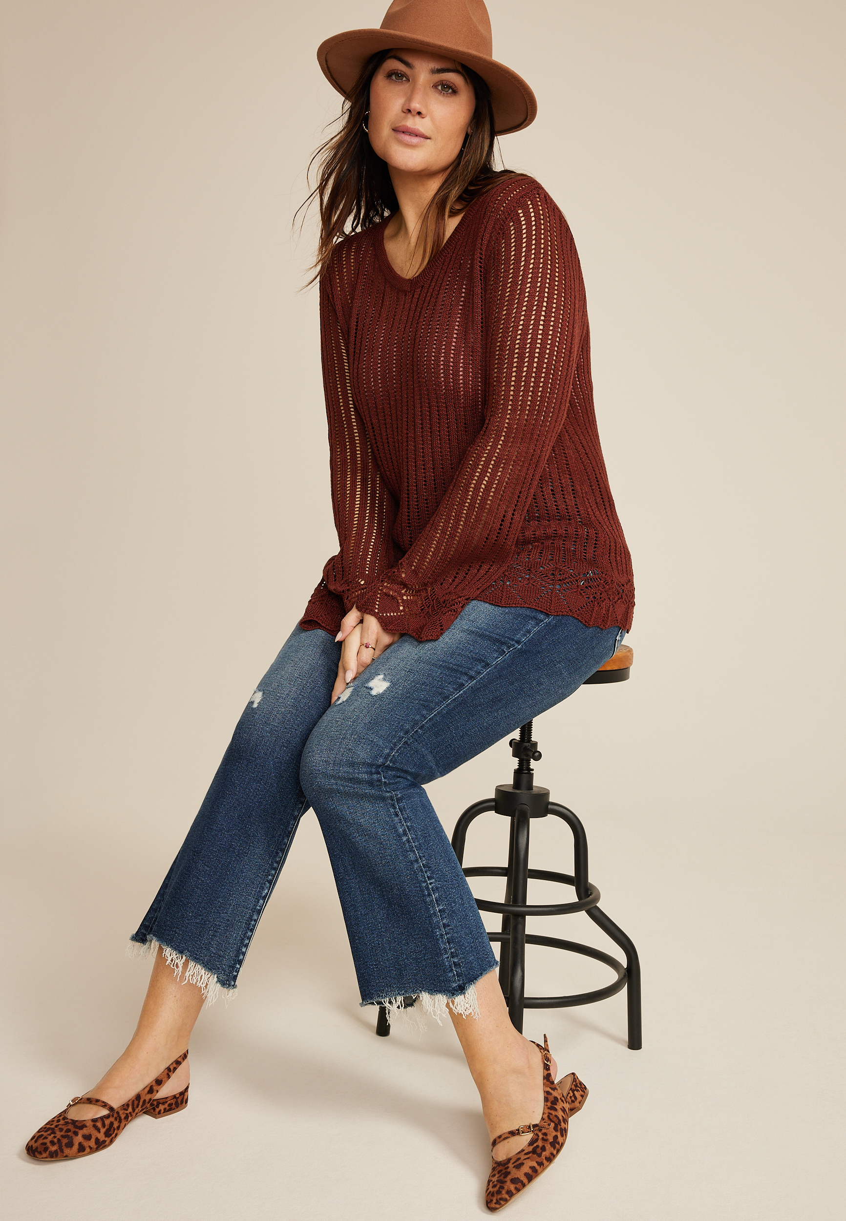 Plus Size Open Stitch Bell Sleeve Sweater, BROWN RUBY, large