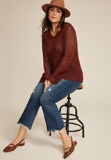 Plus Size Open Stitch Bell Sleeve Sweater, BROWN RUBY, small