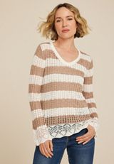 Striped Open Stitch Bell Sleeve Sweater, C3769, small
