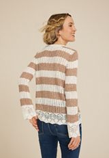 Striped Open Stitch Bell Sleeve Sweater, C3769, small