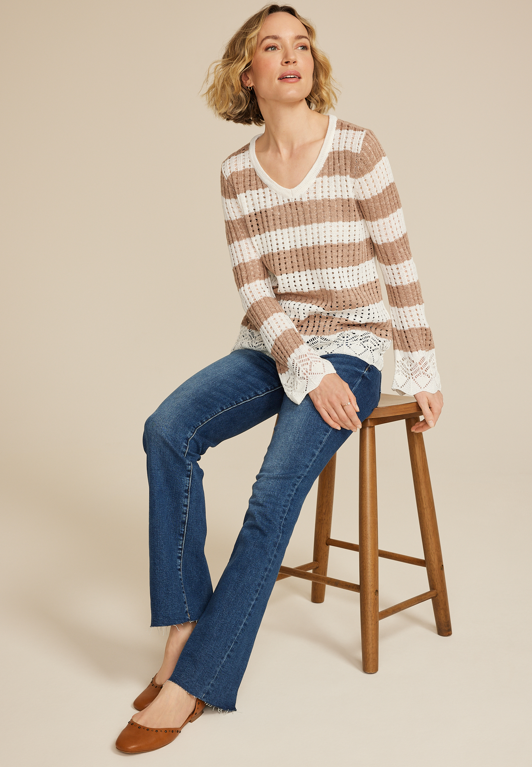 Striped Open Stitch Bell Sleeve Sweater, C3769, large