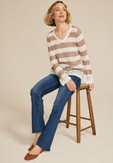 Striped Open Stitch Bell Sleeve Sweater, C3769, small
