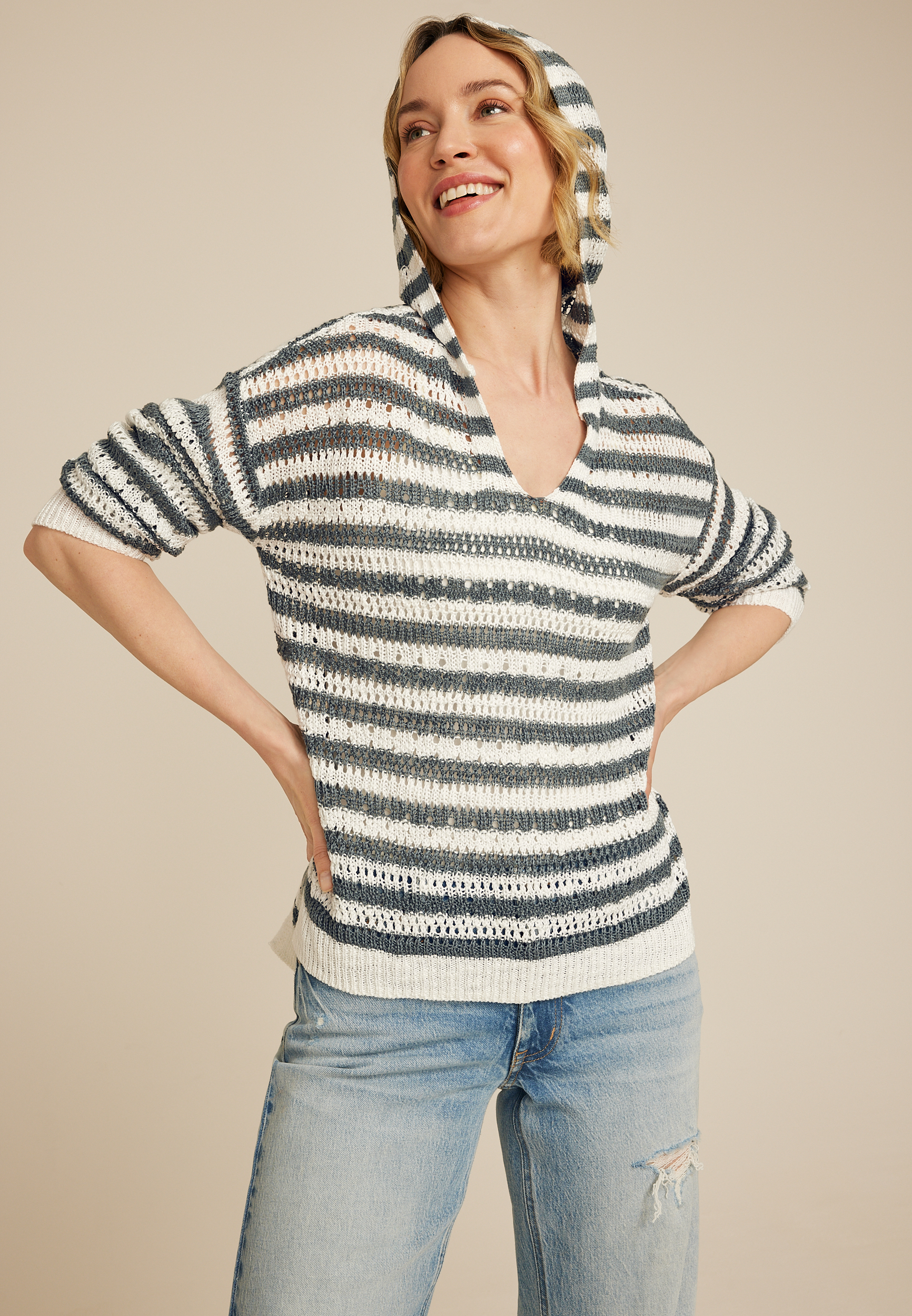 Striped Open Stitch Hooded Pullover