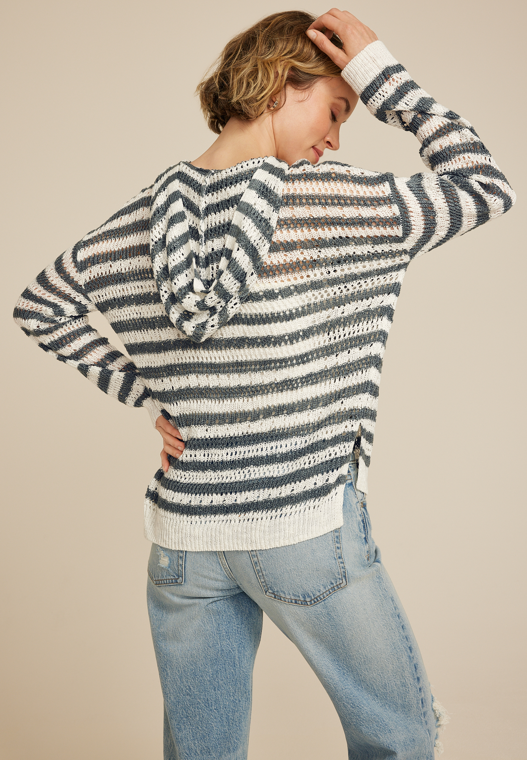 Striped Open Stitch Hooded Pullover, C9877, large