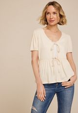 Tie Front Peplum Short Sleeve Tee, OATMEAL, small