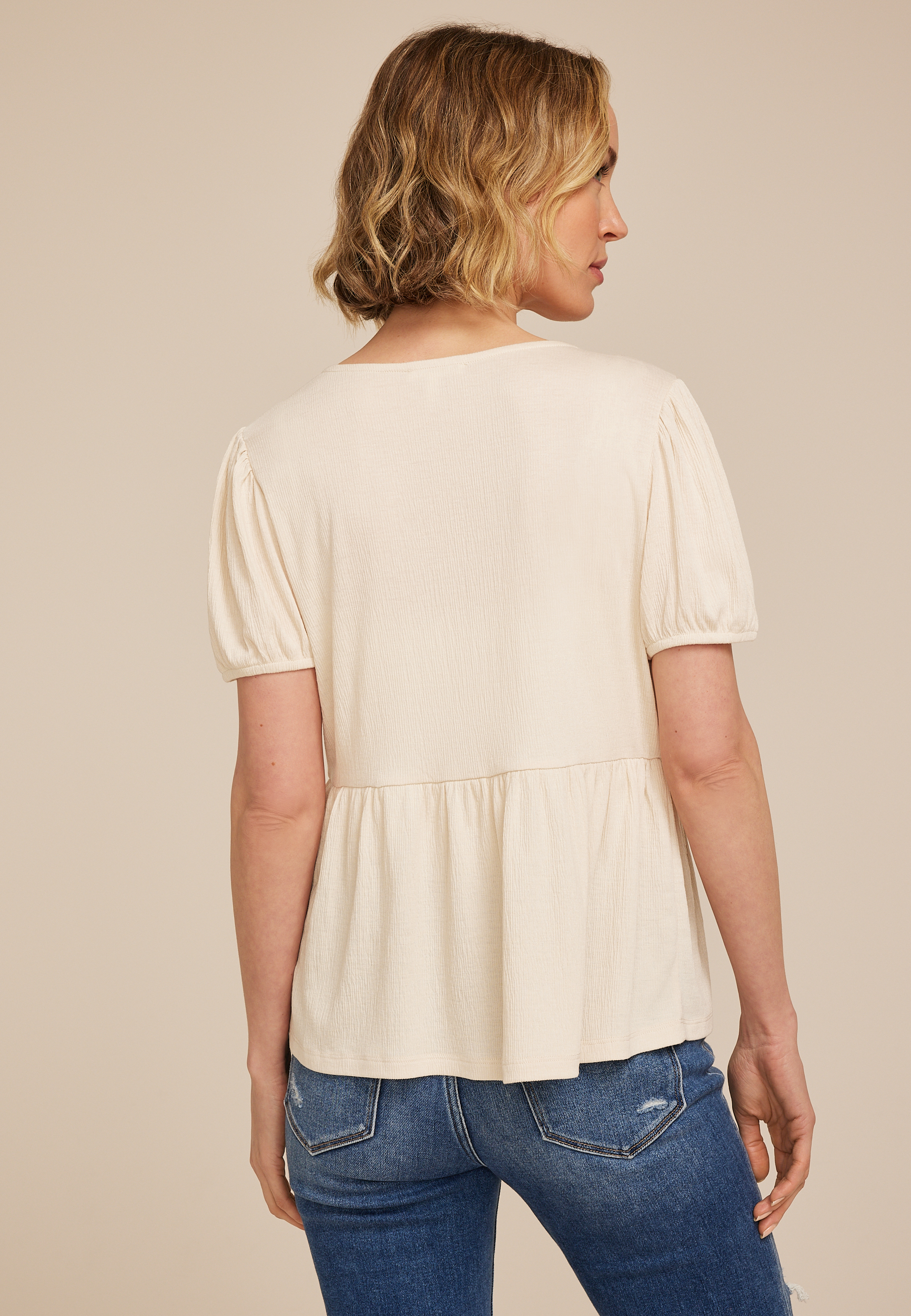 Tie Front Peplum Short Sleeve Tee, OATMEAL, large