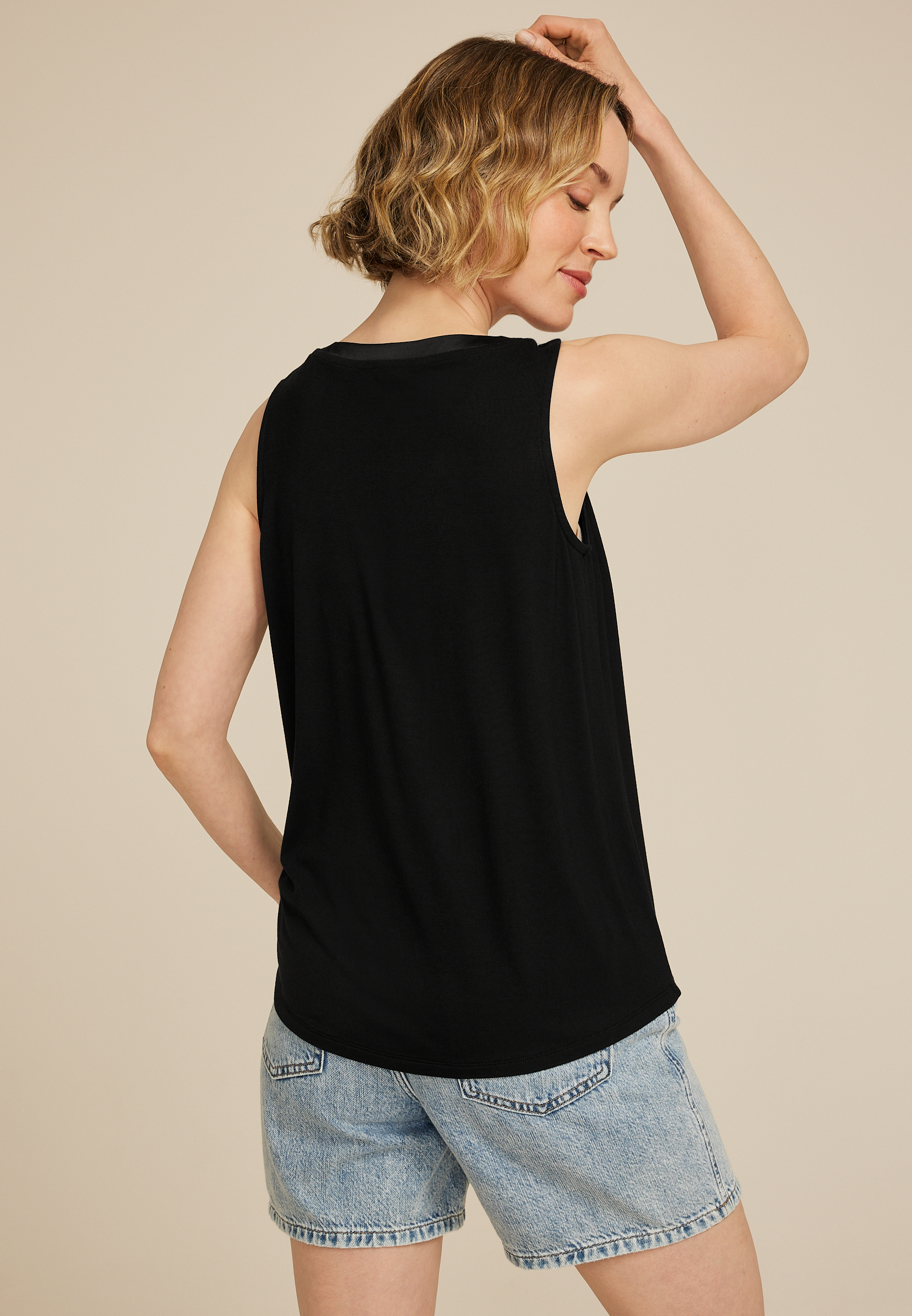 Embellished Satin Trim V Neck Tank Top, BLACK, large